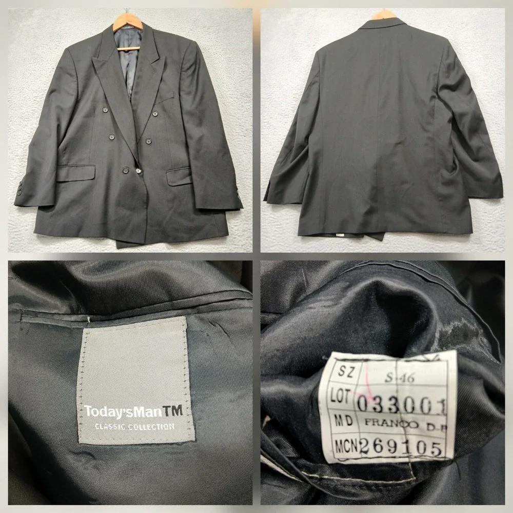Todays Man Double Breasted Blazer Mens 46R‎ Gray Classic Suit Jacket